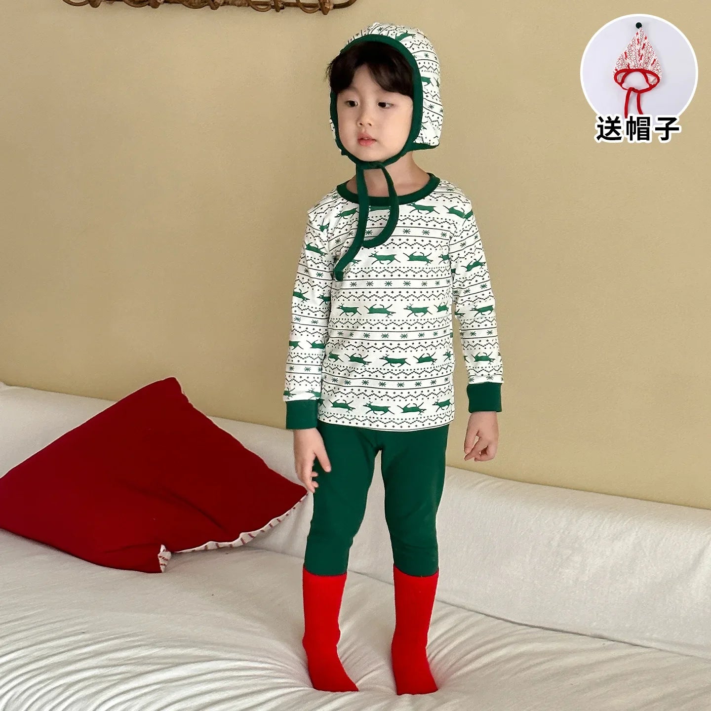 Christmas Pajamas Set With Reindeer Print 3 Pcs