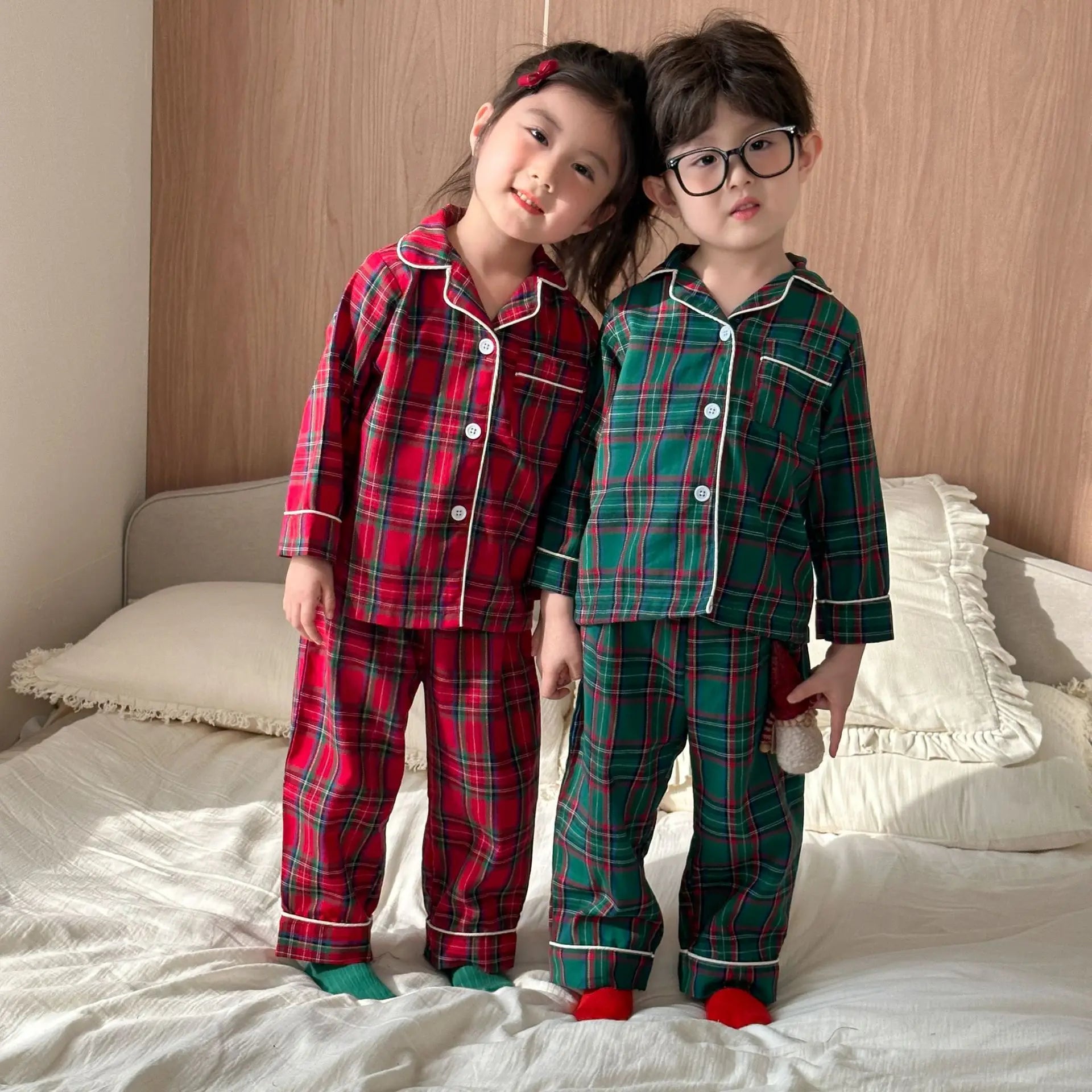 Christmas Children's Pajamas Plaid Pure Cotton