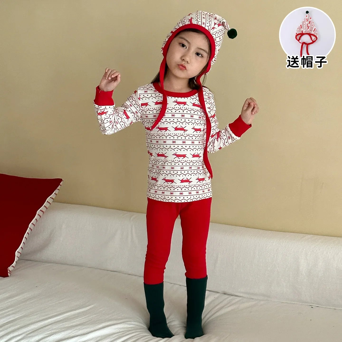 Christmas Pajamas Set With Reindeer Print 3 Pcs