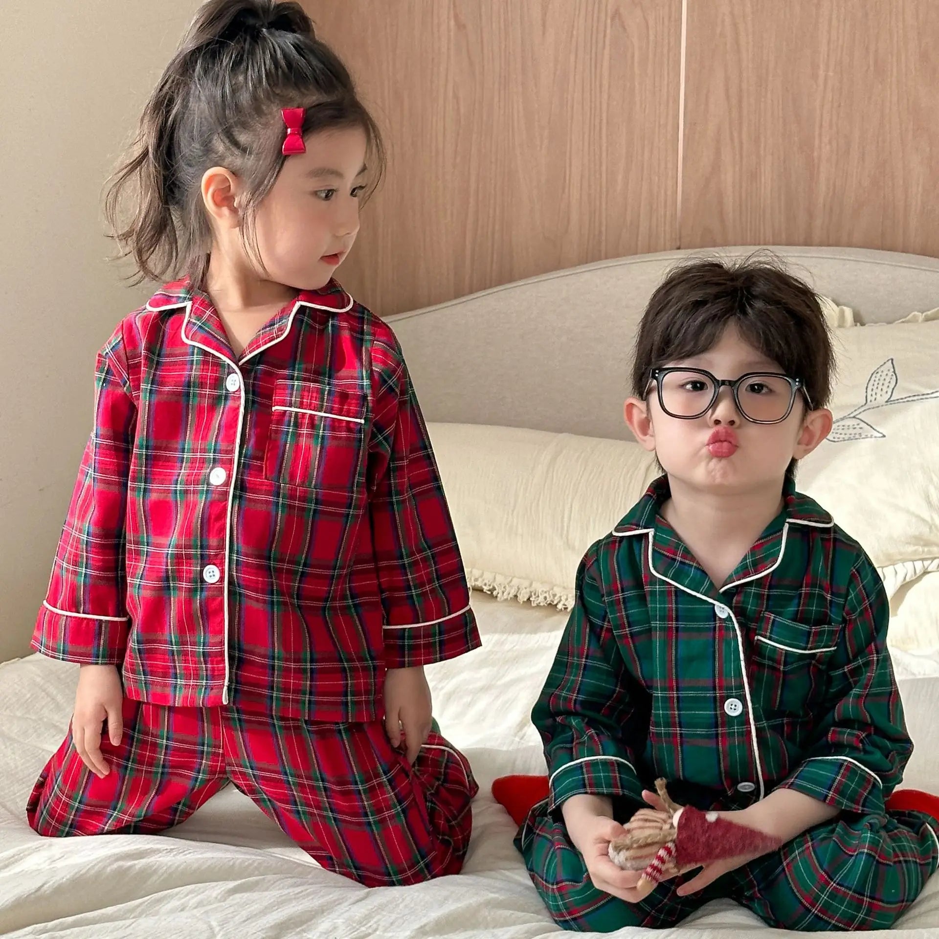 Christmas Children's Pajamas Plaid Pure Cotton